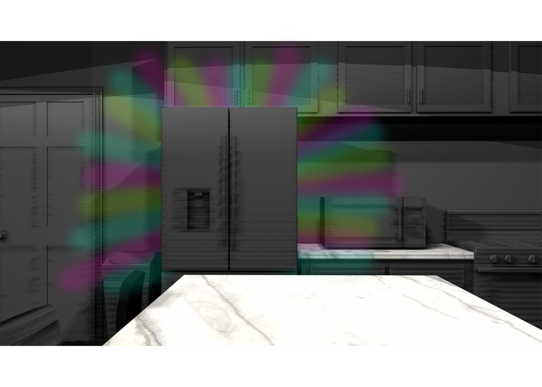 3D rendered image of a refrigerator with disco lights eminating from behind its doors