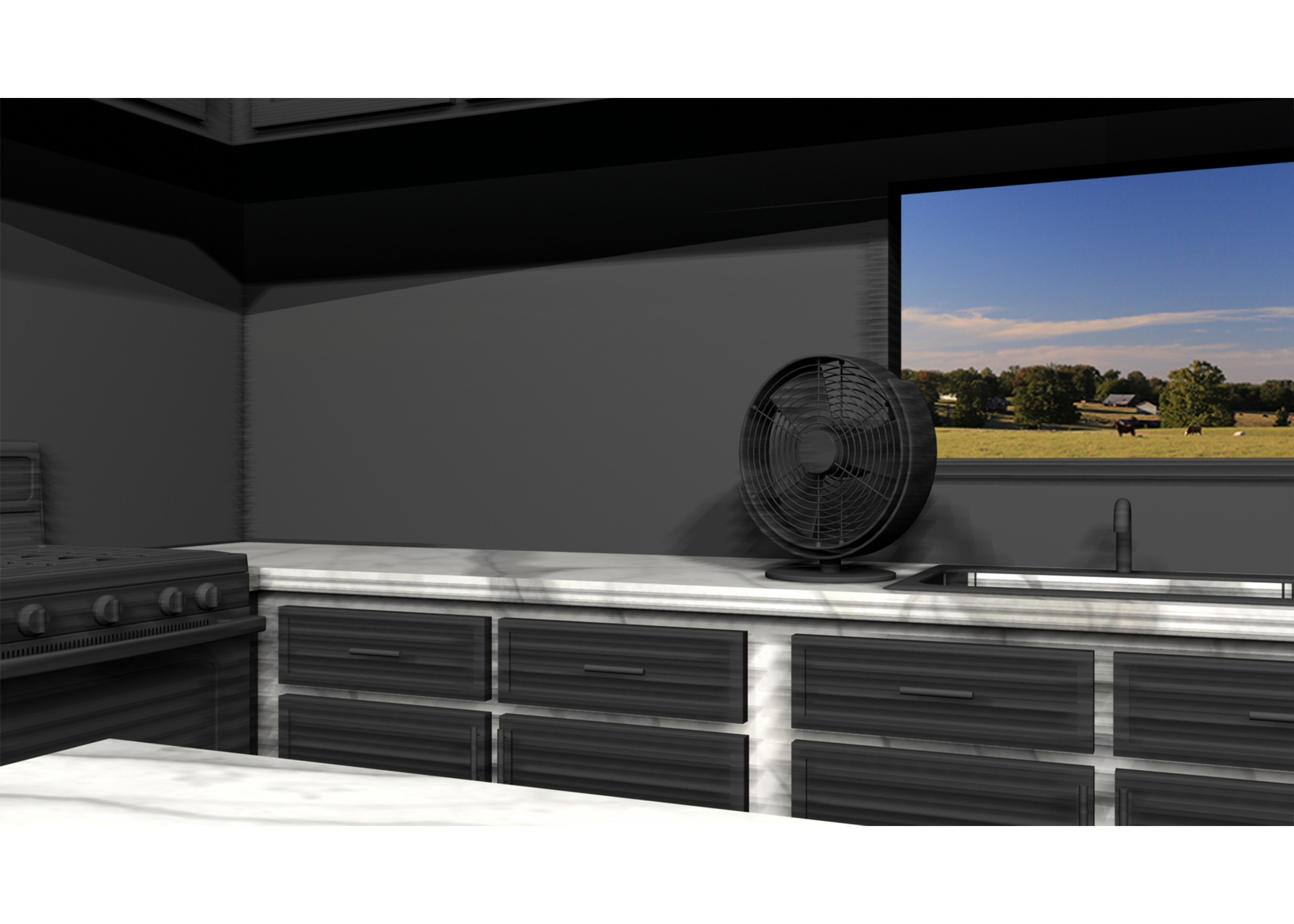 3D rendered image of a small fan on a kitchen counter near open window.