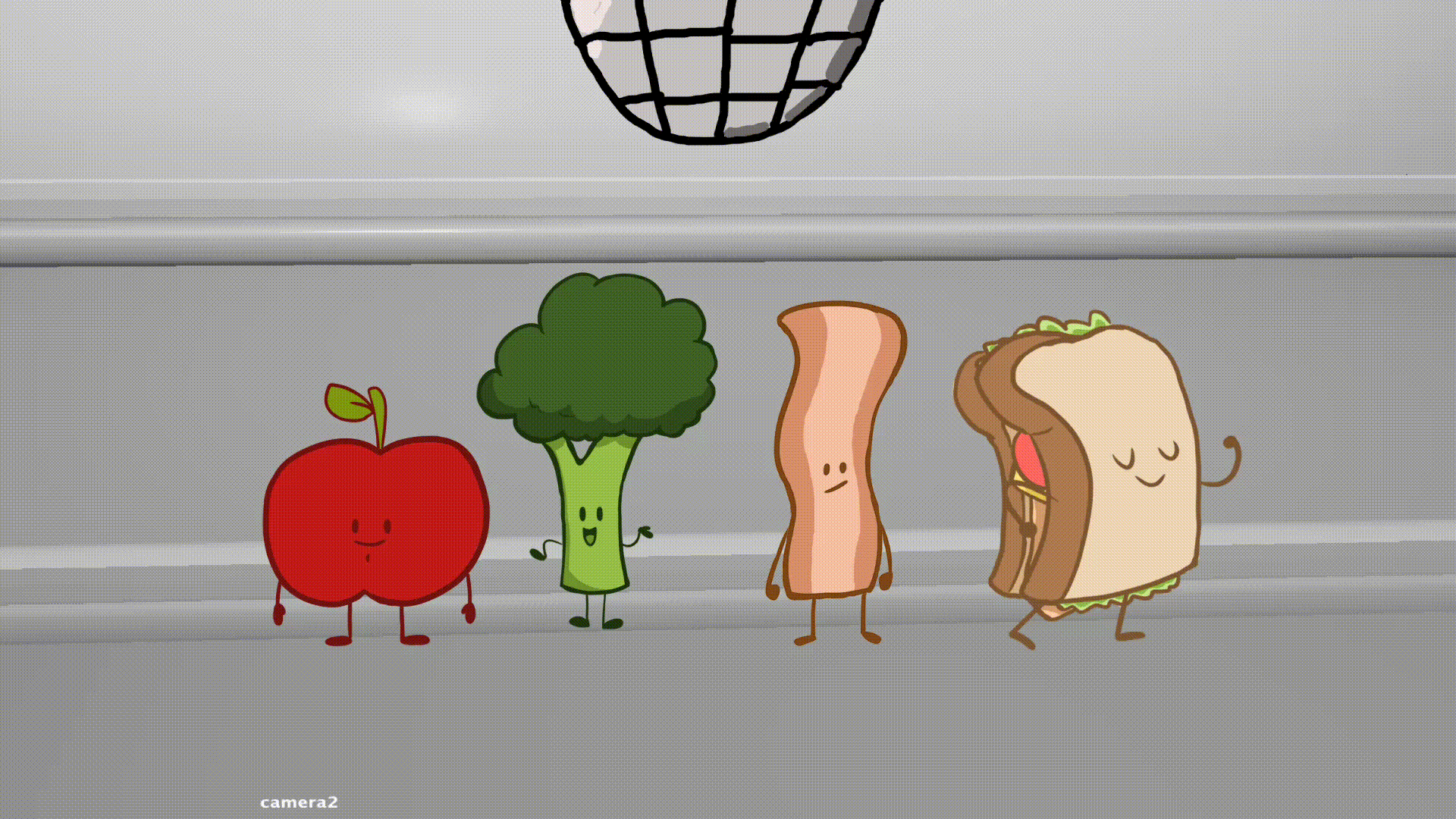animated gif of apple, broccoli, bacon and sandwich dancing