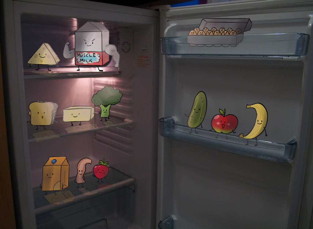 image of cartoon food characters in realistic fridge