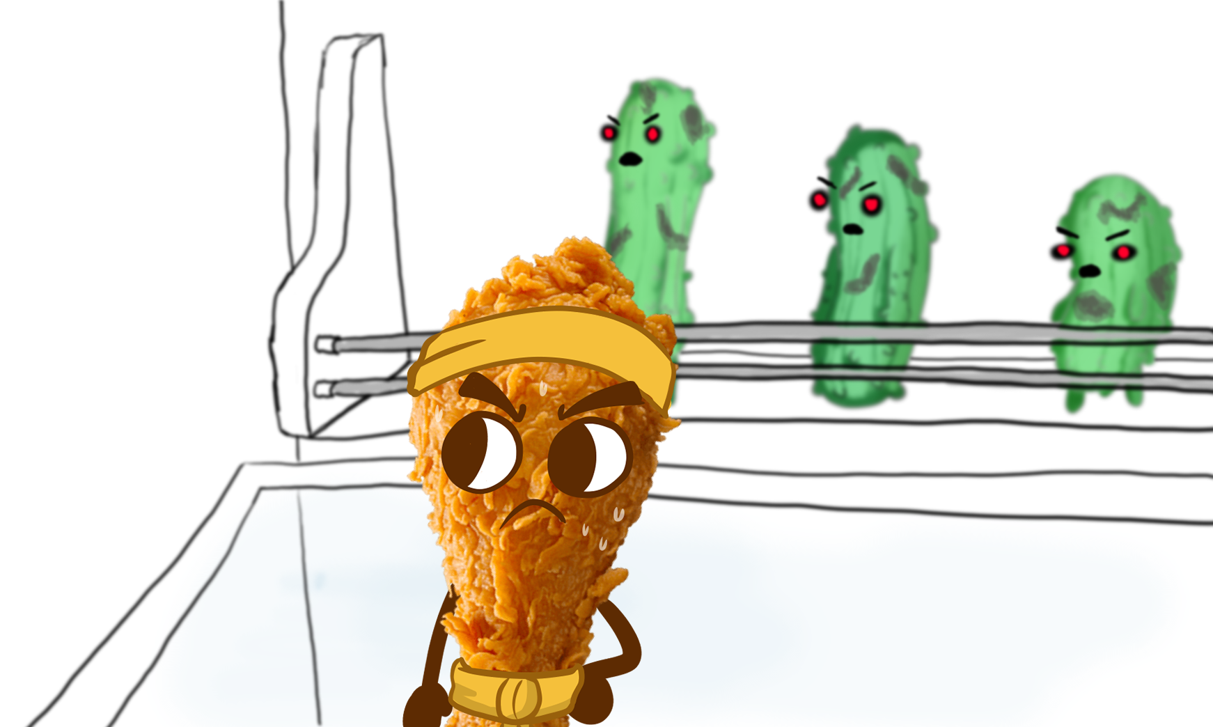 image of a realistic chicken wing with cartoon eyes standing in front of cartoon pickles with red eyes.