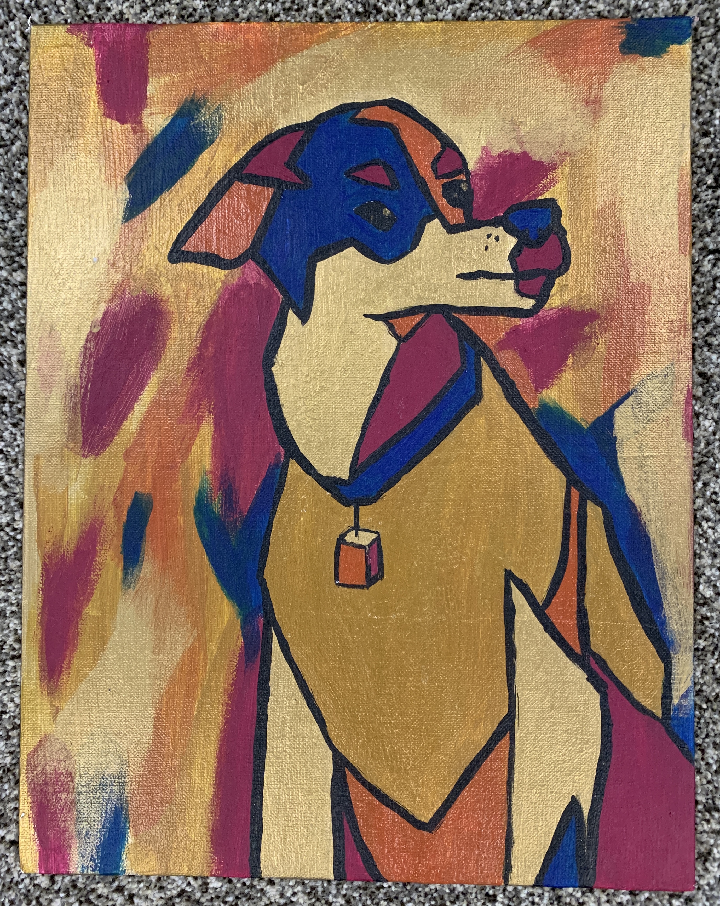 Cubism Painting of A Toy Foxterrier outlined in bold black lines and filled in with blue, Gold, Orange and Magenta.