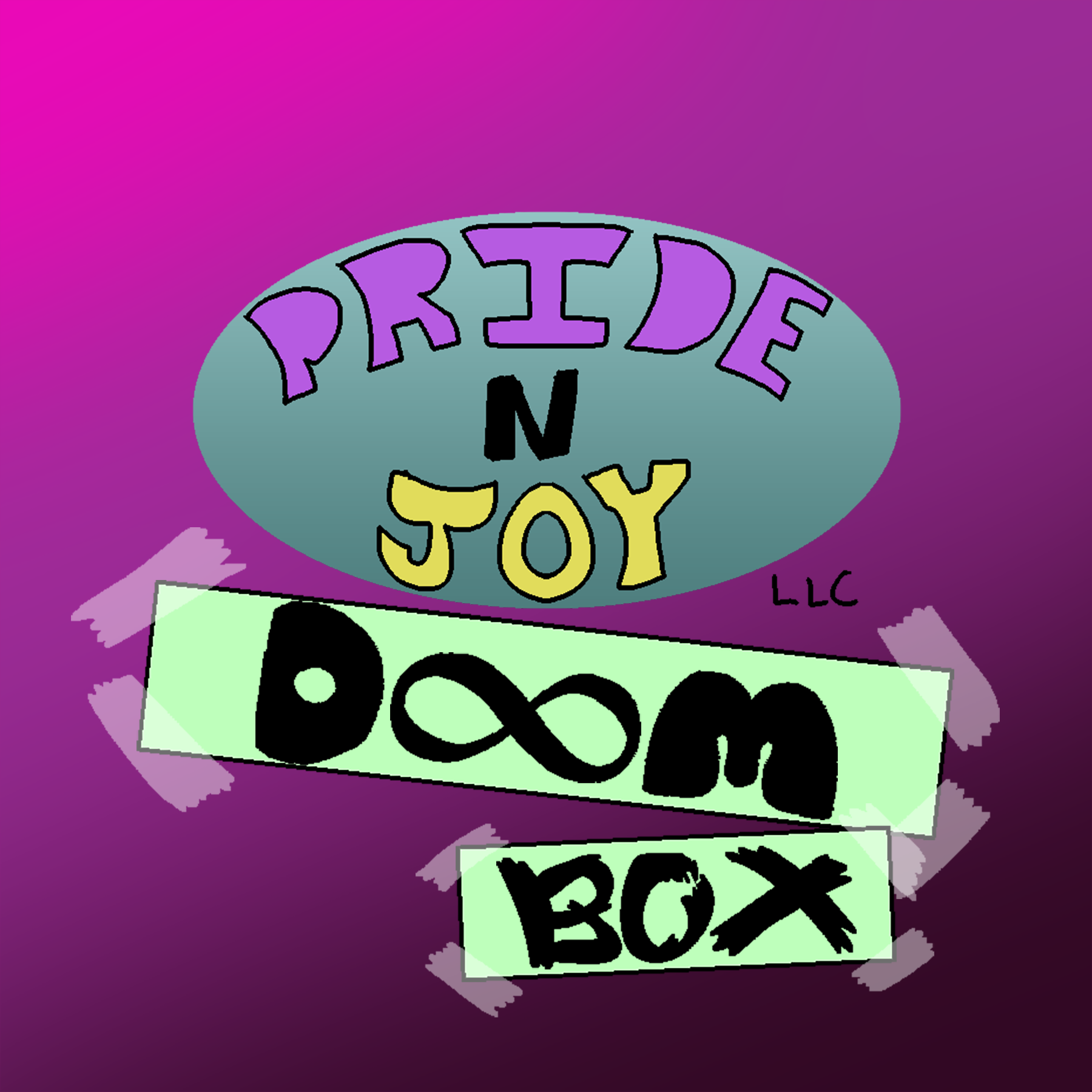 A Logo that says 'Pride N Joy Doom Box' on a purple gradient background.