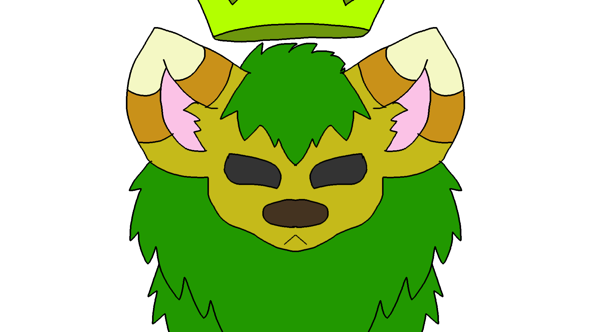 yellow lion with green main and candy-corn striped ears with a floating crown