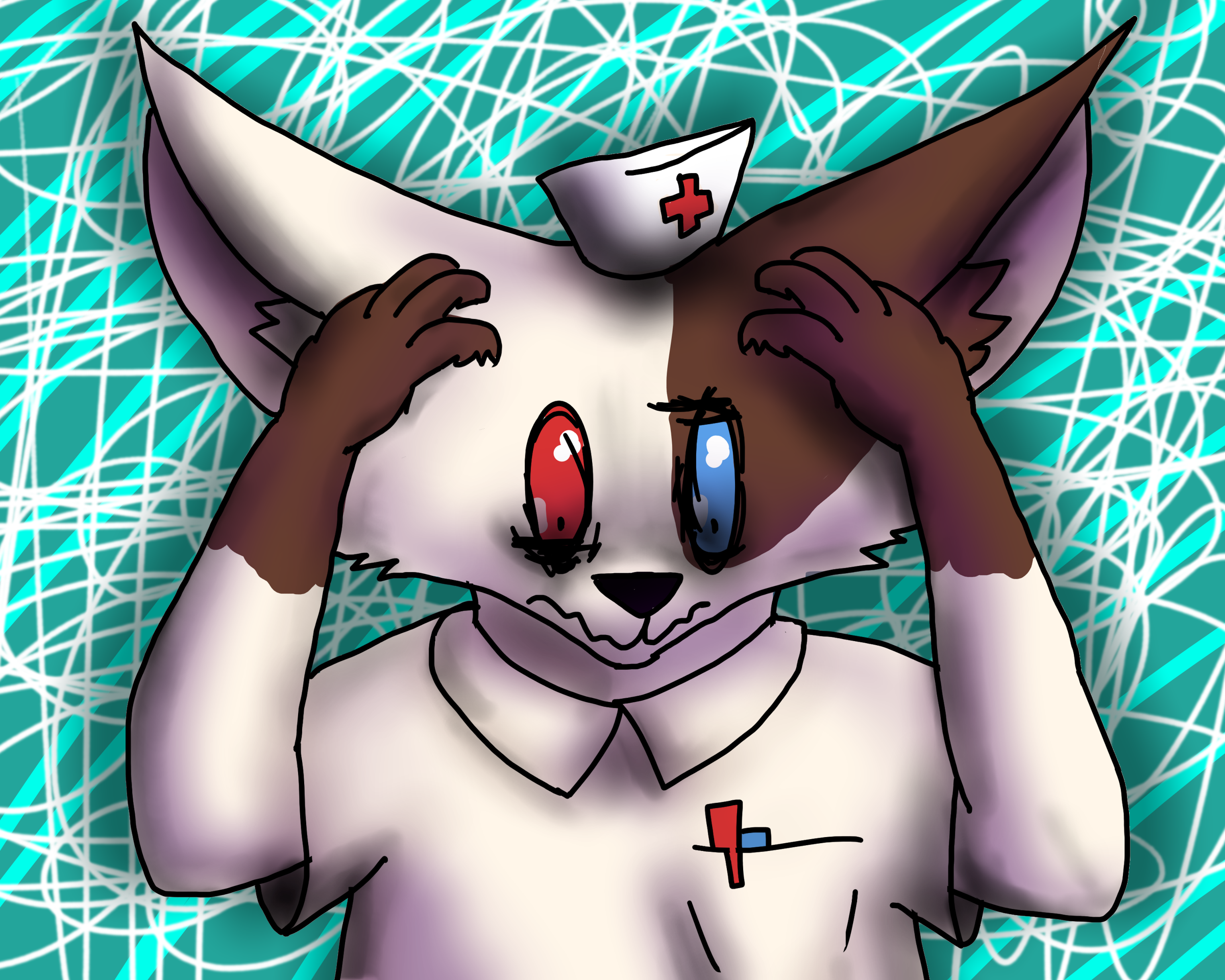 Image of an anthropropmorphic cat in a nurses uniform with their hands on their head and shadows under their eyes