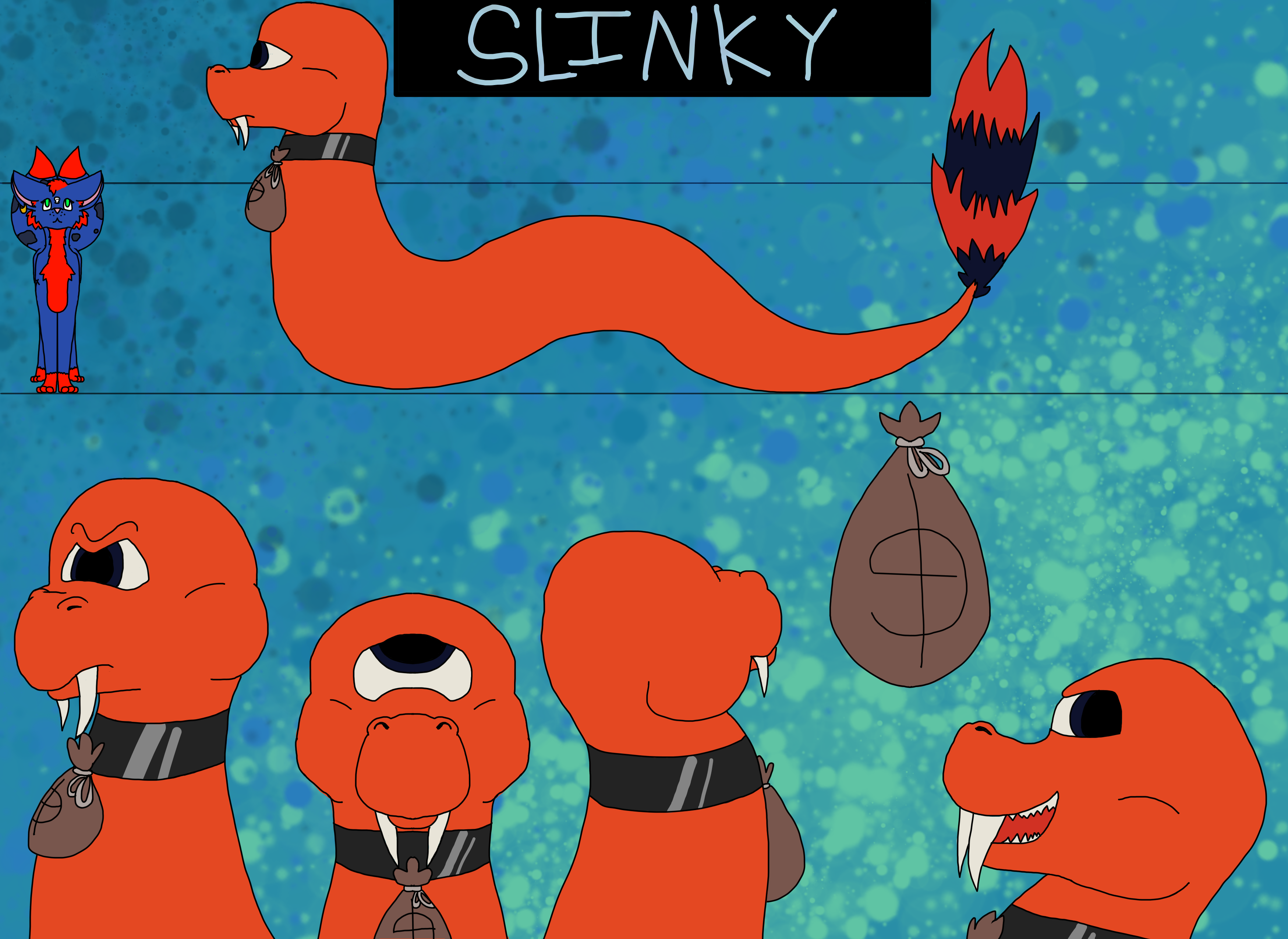 character sheet of an orange snake with a raccoon tail and a sack of money hung around his neck