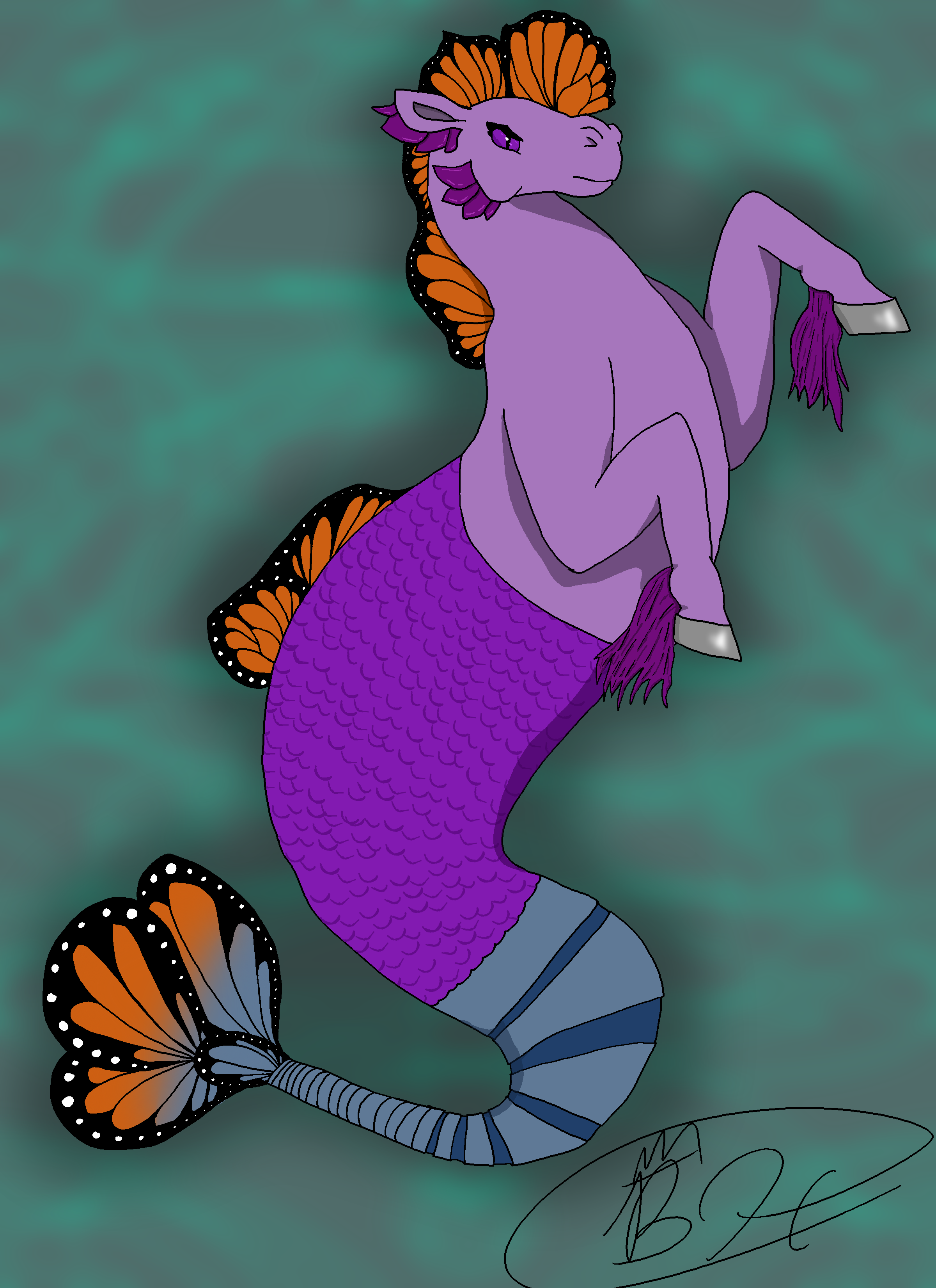 Purple Hippocampus with Monarch Butterfly accents