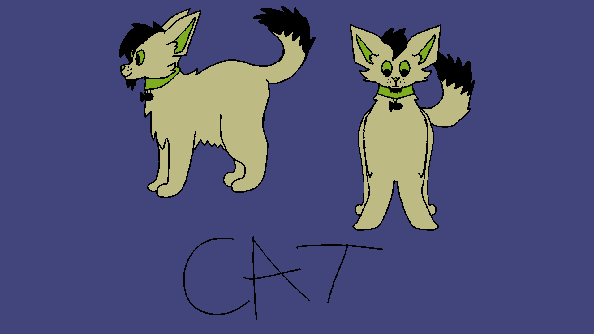 Sandy-colored cartoon cat with black hair and green collar