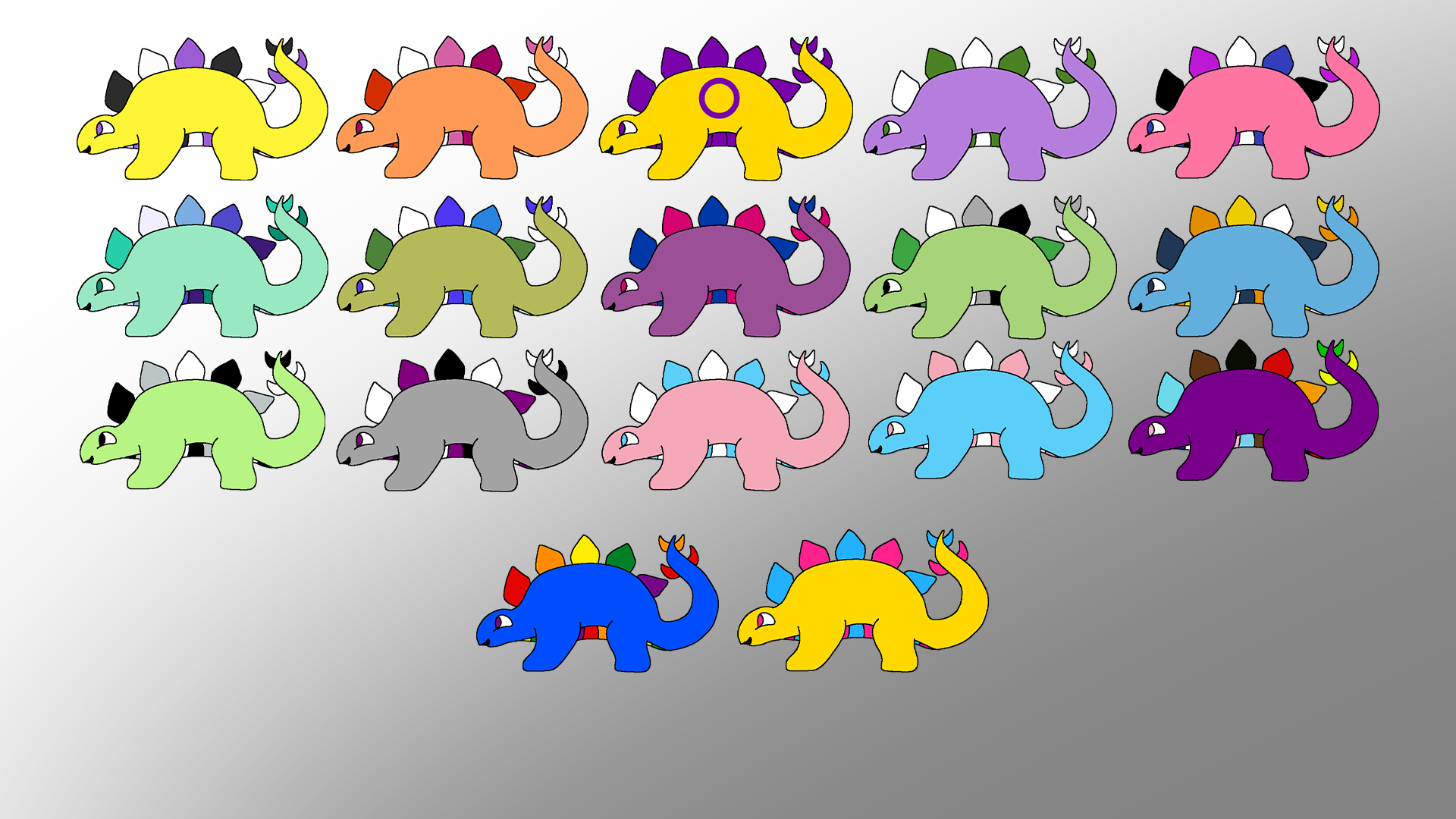 A collection of small stegasaurus in the colors of various pride flags.